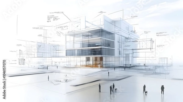 Fototapeta Detailed architectural rendering of a sleek contemporary glass and steel skyscraper facade with a dynamic grid like pattern