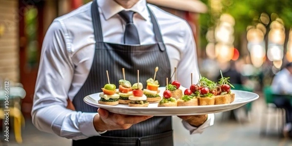 Fototapeta A waiter in a white shirt and black apron holds a platter of gourmet appetizers, featuring fresh tomatoes, mozzarella, and basil, perfectly arranged for a delightful dining experience