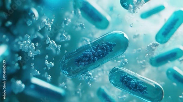 Obraz Bacteria are seen suspended in a clear teal liquid, creating a mesmerizing display of microscopic life and activity. Generative AI