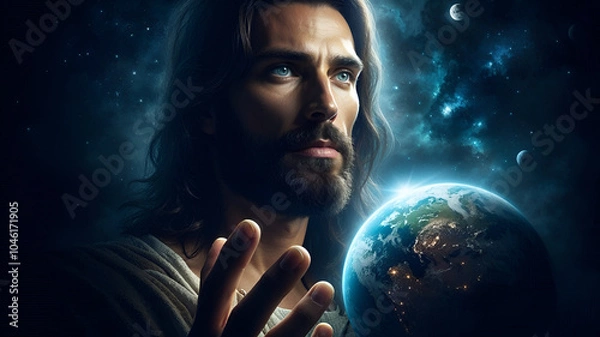 Obraz A majestic Jesus Christ, the redeemer, is floating in space, looking down at the earth with a watchful eye. 