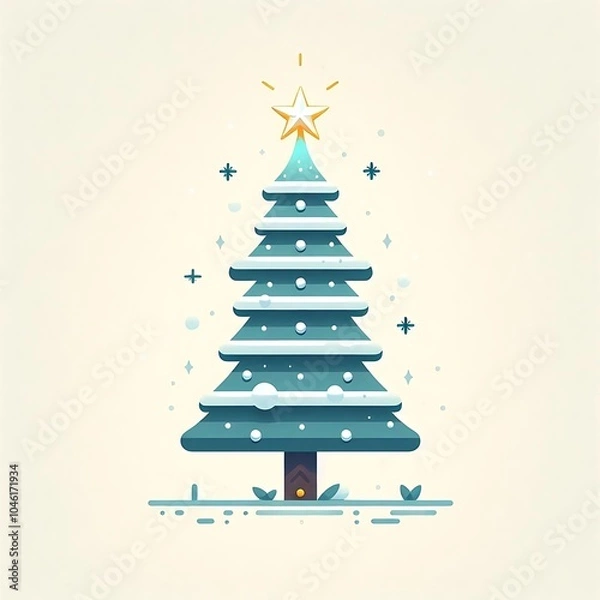 Fototapeta Flat, isolated illustration of a festive Christmas tree adorned with colorful ornaments, lights, and a shining star on top. The tree has a classic triangular shape and vibrant green branches. 