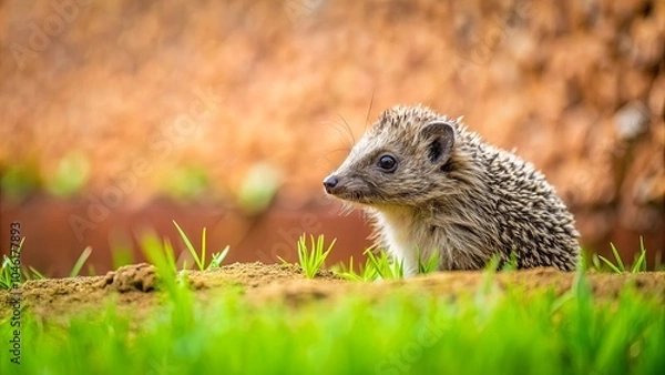 Fototapeta A prickly creature with tiny eyes peering from the shadows, hiding in the green grass, a moment of tranquility in the wild.