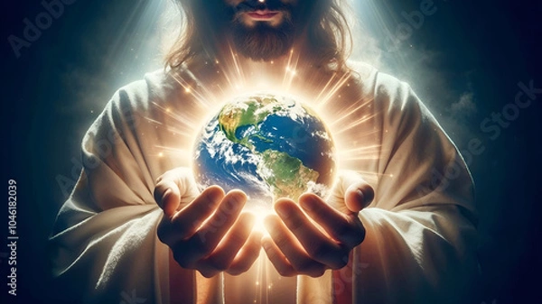 Obraz A majestic Jesus Christ, the redeemer, is floating in space, looking down at the earth with a watchful eye. 
