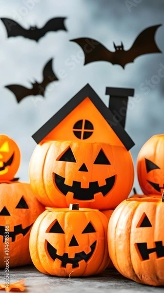 Fototapeta Halloween Jack-o'-Lanterns with Bats and House.