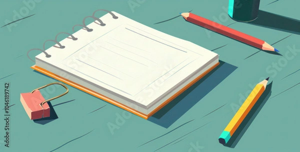 Fototapeta  A note book with pen and pencil on a green table in the style of vector illustrations