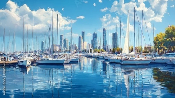 Fototapeta A vibrant marina scene featuring numerous sailboats, reflective water, and modern skyscrapers under a bright blue sky with fluffy clouds.