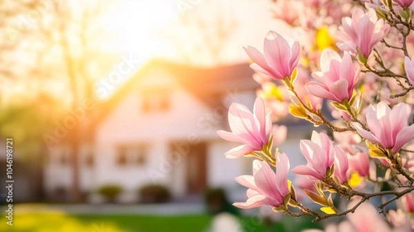 Fototapeta Vibrant pink magnolia flowers are in full bloom,catching warm sunlight,with a charming house visible in background on a lovely spring day,copy space