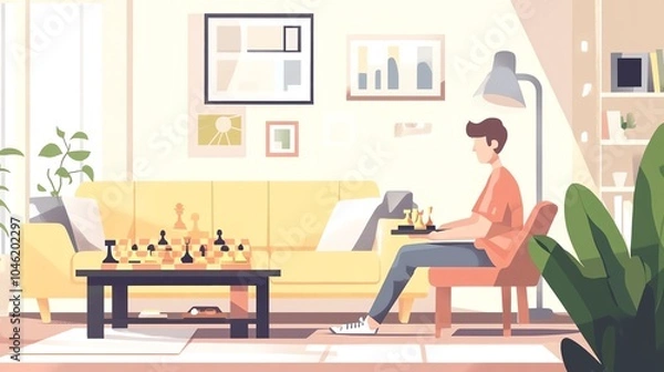 Fototapeta A person playing chess in a cozy living room with a modern design and bright colors.