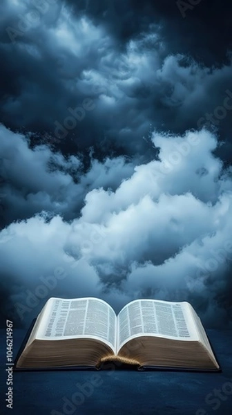 Fototapeta A Mystical Open Book Beneath a Dramatic Cloudy Sky Evoking Thought and Reflection