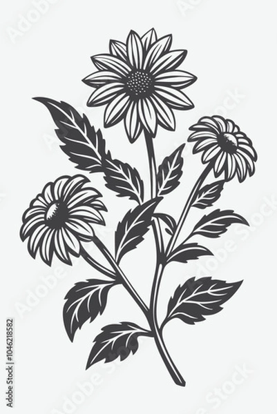 Fototapeta Rudbeckia Branch with Flowers Silhouette Vector Illustration in Black and White Design
