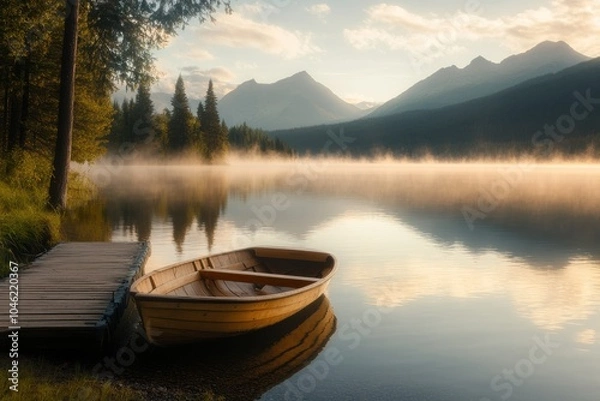 Fototapeta A small wooden boat docked at a pier on a calm lake at sunrise, with mist rising from the water.