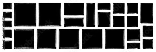 Fototapeta Black grunge vector rectangular and square text box frames. Hand drawn rough texture brush strokes. Black paint stamps on transparent background. Grungy sketch bg. Dirty graffiti banner. Ink splashes