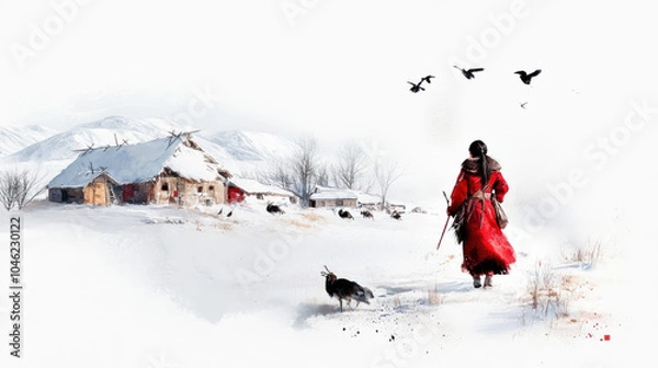 Fototapeta Red watercolor painting of Siberian Nenets girl in nomadic camp