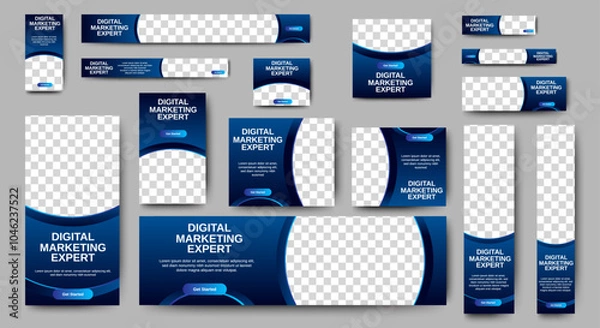 Fototapeta Set of business banner templates with blue background. Modern technology design, abstract background layout with photos. Editable Vector collection corporate banner.