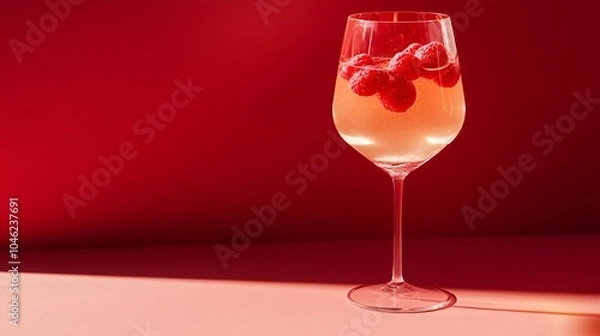 Fototapeta Refreshing Raspberry Cocktail in a Wine Glass on a Red Background
