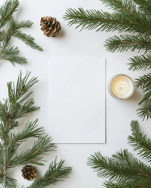 Fototapeta Background, white greeting card mockup with candle on table.  AI generation.