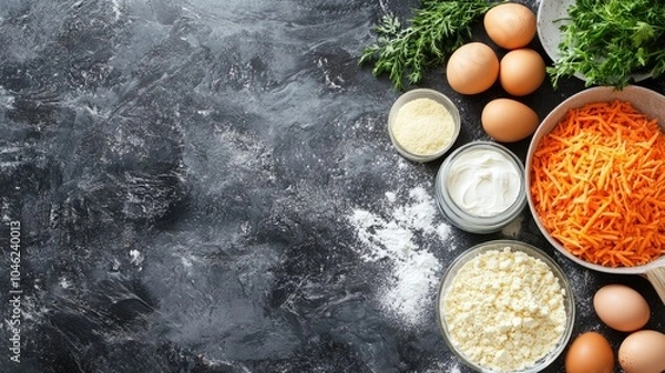 Fototapeta Ingredients for cooking, including eggs, cheese, and herbs on dark textured surface