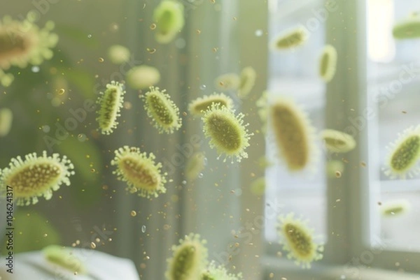 Fototapeta Virus, dust particles, or dangerous airborne germs are floating in the room and inside the house.