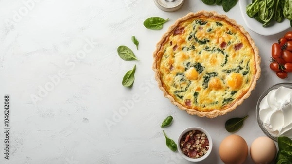 Obraz Spinach, cheese, and bacon quiche with fresh ingredients on light surface