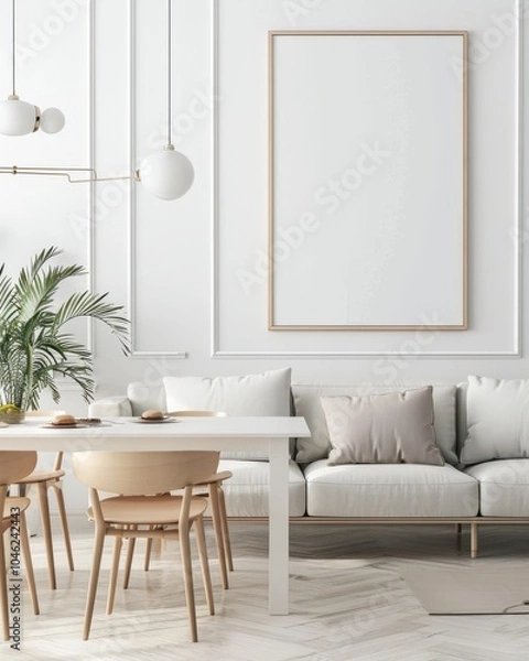 Fototapeta 「モダンでミニマルなリビングルームインテリア。白い壁、木製家具、ニュートラルな色調。アートや写真の展示に最適な空のフォトフレーム」