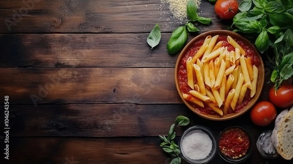 Fototapeta Plate of pasta with tomato sauce and basil on wooden table