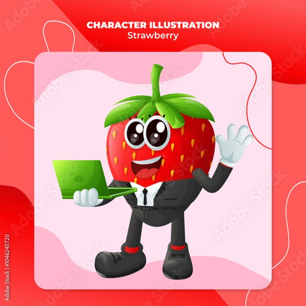 Obraz Cute strawberry character typing on a computer