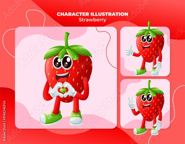 Fototapeta Cute strawberry characters making playful hand signs