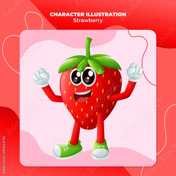 Fototapeta Cute strawberry character making a victory sign with his hand
