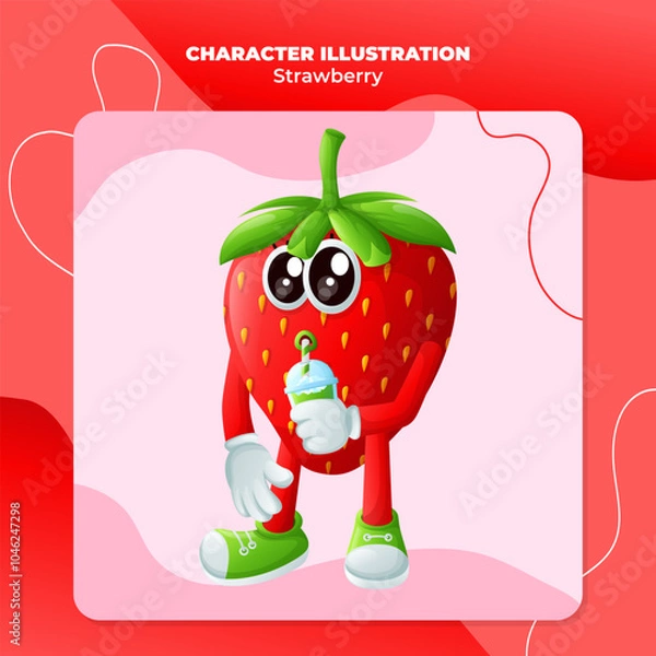 Fototapeta Cute strawberry character drinking a green smoothie with a straw