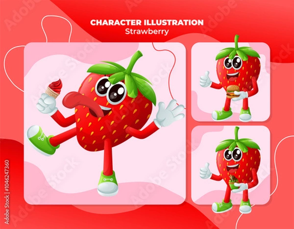 Fototapeta Cute strawberry characters enjoying food