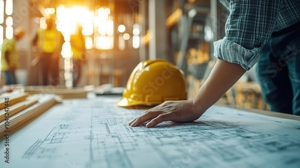 Obraz construction meeting with an engineer and site manager discussing key project milestones, reviewing blueprints, and coordinating tasks with the team