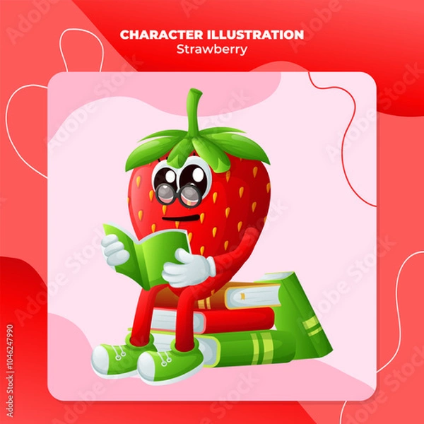 Obraz Cute strawberry character wearing glasses and reading a book