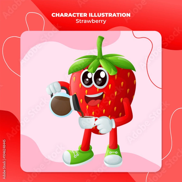 Obraz Cute strawberry character pouring coffee