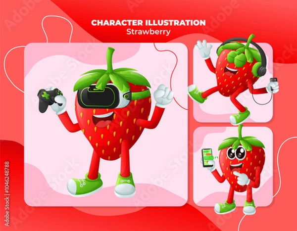 Fototapeta Cute strawberry characters and technology