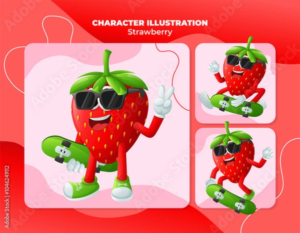 Obraz Cute strawberry characters skateboarding