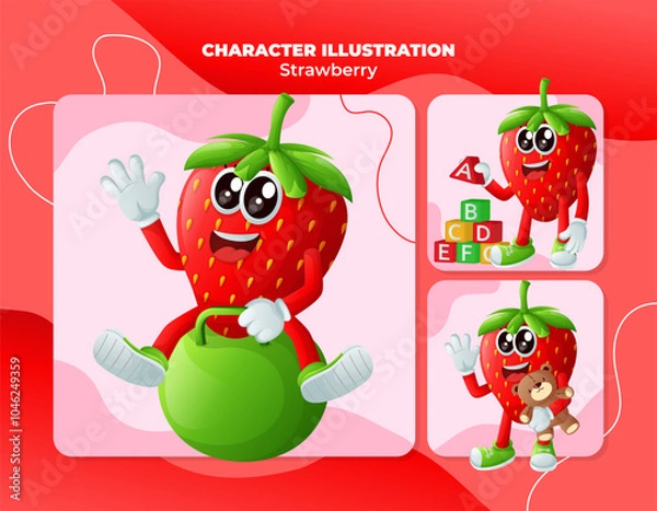 Fototapeta Cute strawberry characters playing with kid toys