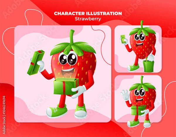 Obraz Cute strawberry characters receiving gifts