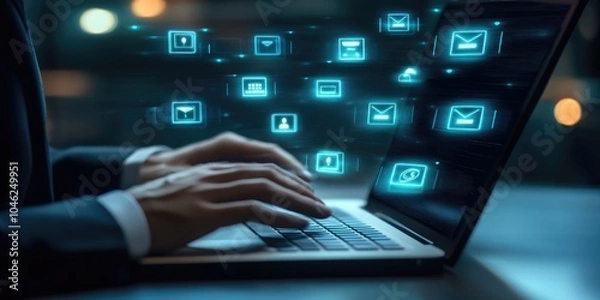 Fototapeta Contact us or Customer support hotline people connect. Businessman using a laptop and touching on virtual screen contact icons ( email, address, live chat, internet wifi