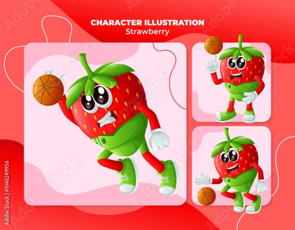 Obraz Cute strawberry characters playing basketball