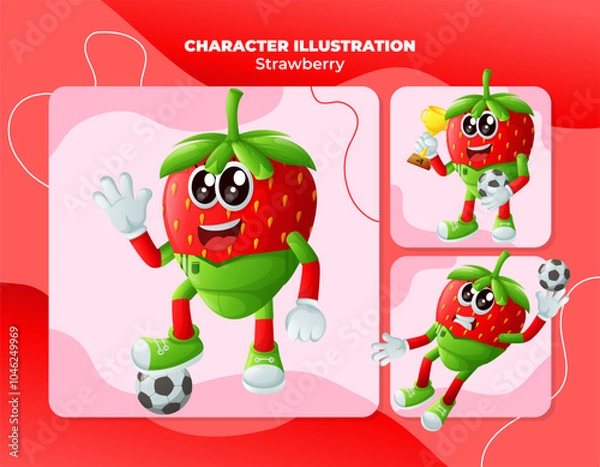 Fototapeta Cute strawberry characters playing soccer