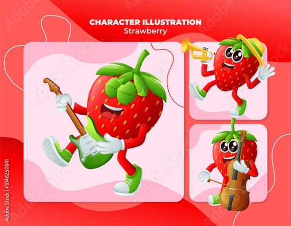 Fototapeta Cute strawberry characters playing musical instruments