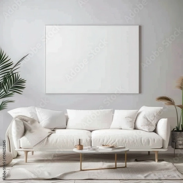 Fototapeta 「白いソファの上の壁にキャンバスを飾ったミニマルスタイルのリビングルームインテリア。明るく開放的な雰囲気を演出。アート作品やデザインの展示に最適」