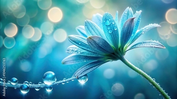 Fototapeta A delicate, cyan-colored flower petal unfolding from a stem as morning dew begins to form, water droplets, dewy petals, natural light, floral bloom