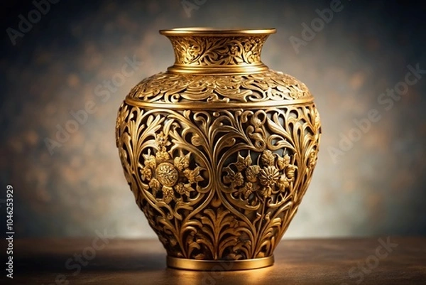 Fototapeta A delicate golden filigree intricate design pattern adorns the surface of a luxurious antique vase, opulence, vintage, decorative, ornate