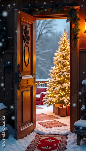 Obraz Christmas tree inside a snowy cabin seen from an open door