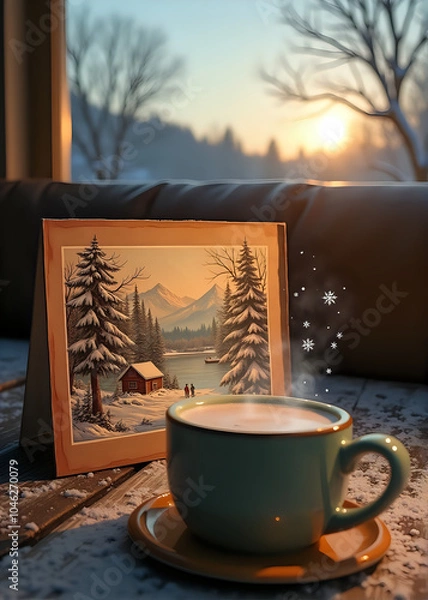 Obraz Christmas Card and Hot Drink by Frosted Window