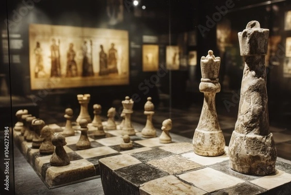Fototapeta A historic chess set made of bone and stone, displayed in a dimly lit museum, telling the tale of centuries-old battles fought and won on ancient boards by legendary players from forgotten times.