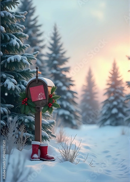 Fototapeta Christmas Mailbox with Wreath in Snowy Forest at Sunset