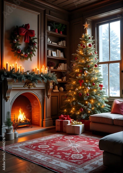 Fototapeta Cozy Living Room with Christmas Tree and Fireplace