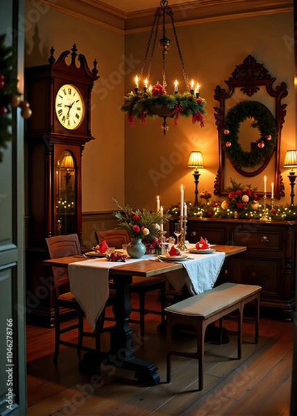 Fototapeta Christmas Dinner Table with Ornaments and Candles in Dining Room